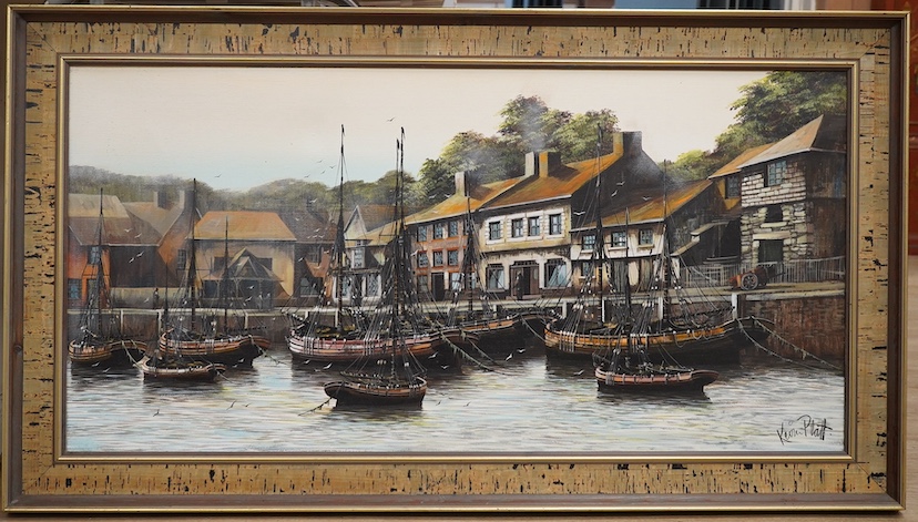Kevin Platt (b.1945), oil on canvas, Padstow harbour view with moored fishing boats, signed, 49 x 100cm. Condition - good